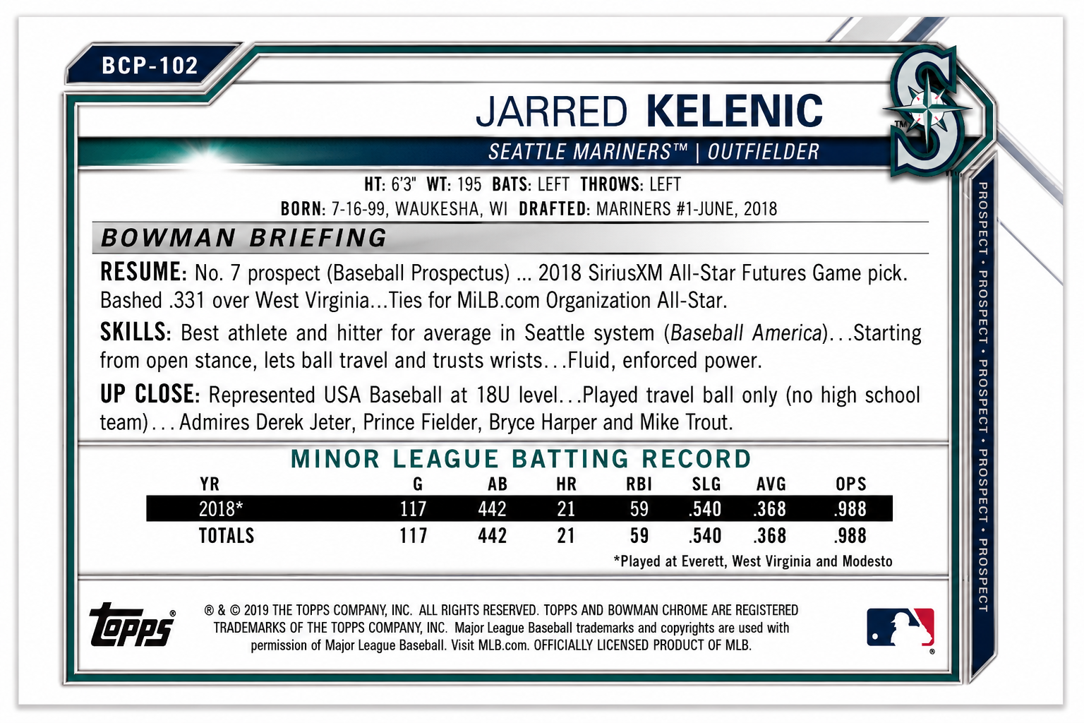 BCP-102 Jarred Kelenic 2021 Bowman - Chrome Prospects (NM)