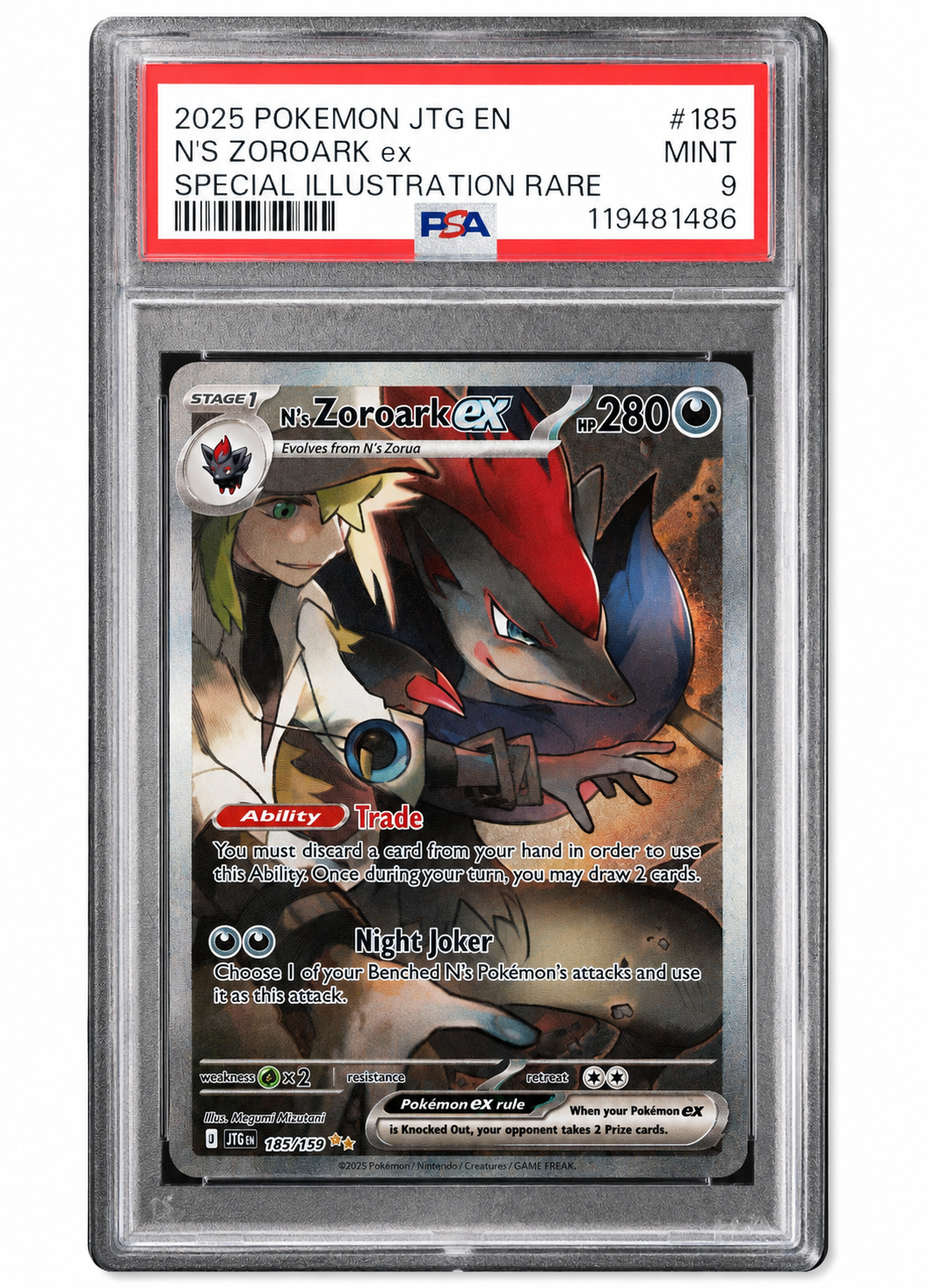 2025 POKEMON JTG EN-JOURNEY TOGETHER #185 N'S ZOROARK EX SPECIAL ILLUSTRATION RARE (PSA 9 MT)