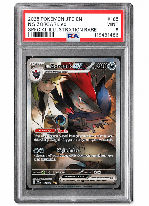 2025 POKEMON JTG EN-JOURNEY TOGETHER #185 N'S ZOROARK EX SPECIAL ILLUSTRATION RARE (PSA 9 MT)