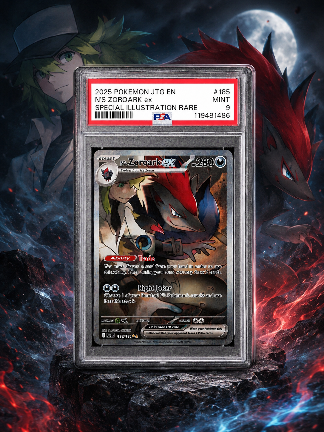 2025 POKEMON JTG EN-JOURNEY TOGETHER #185 N'S ZOROARK EX SPECIAL ILLUSTRATION RARE (PSA 9 MT)