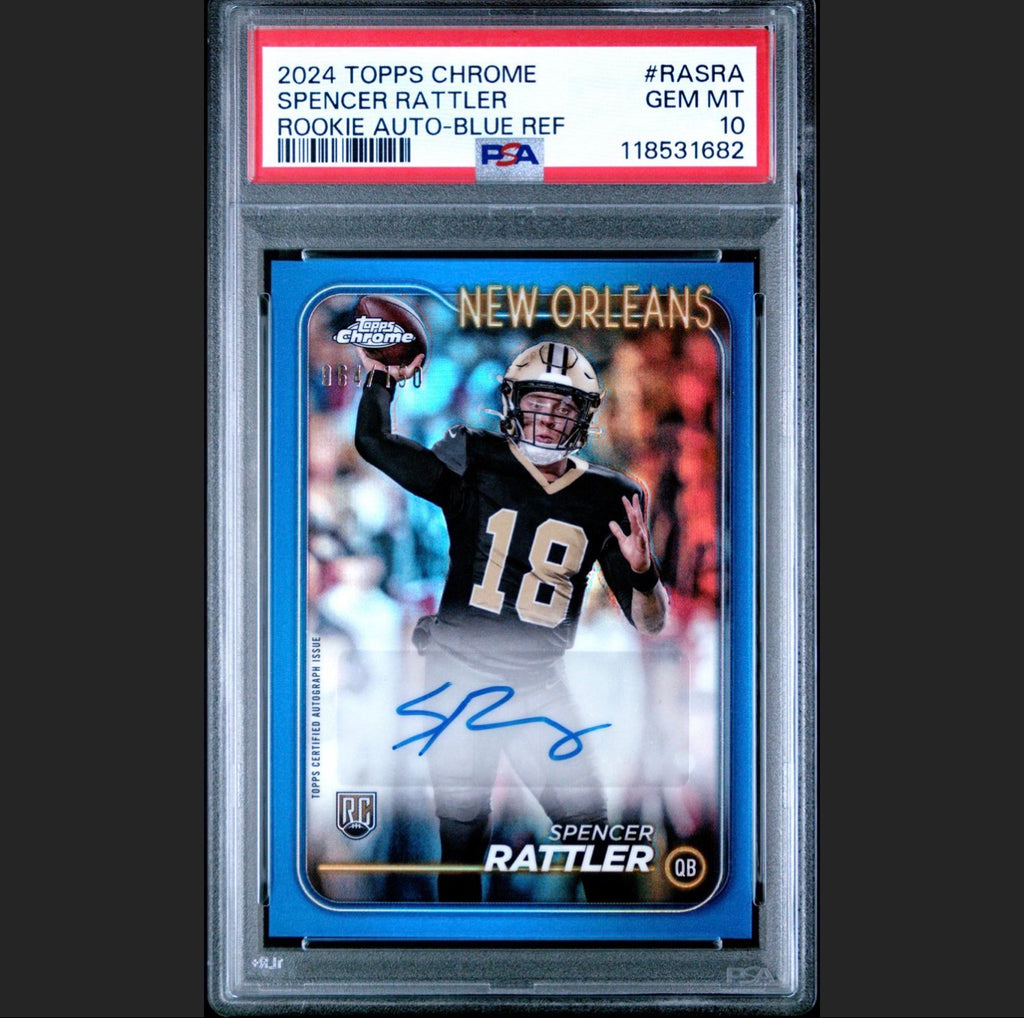 2024 Topps Chrome Rookie Autographs Variations – Spencer Rattler Blue Refractor Auto (/150) – PSA 10 GEM MINT