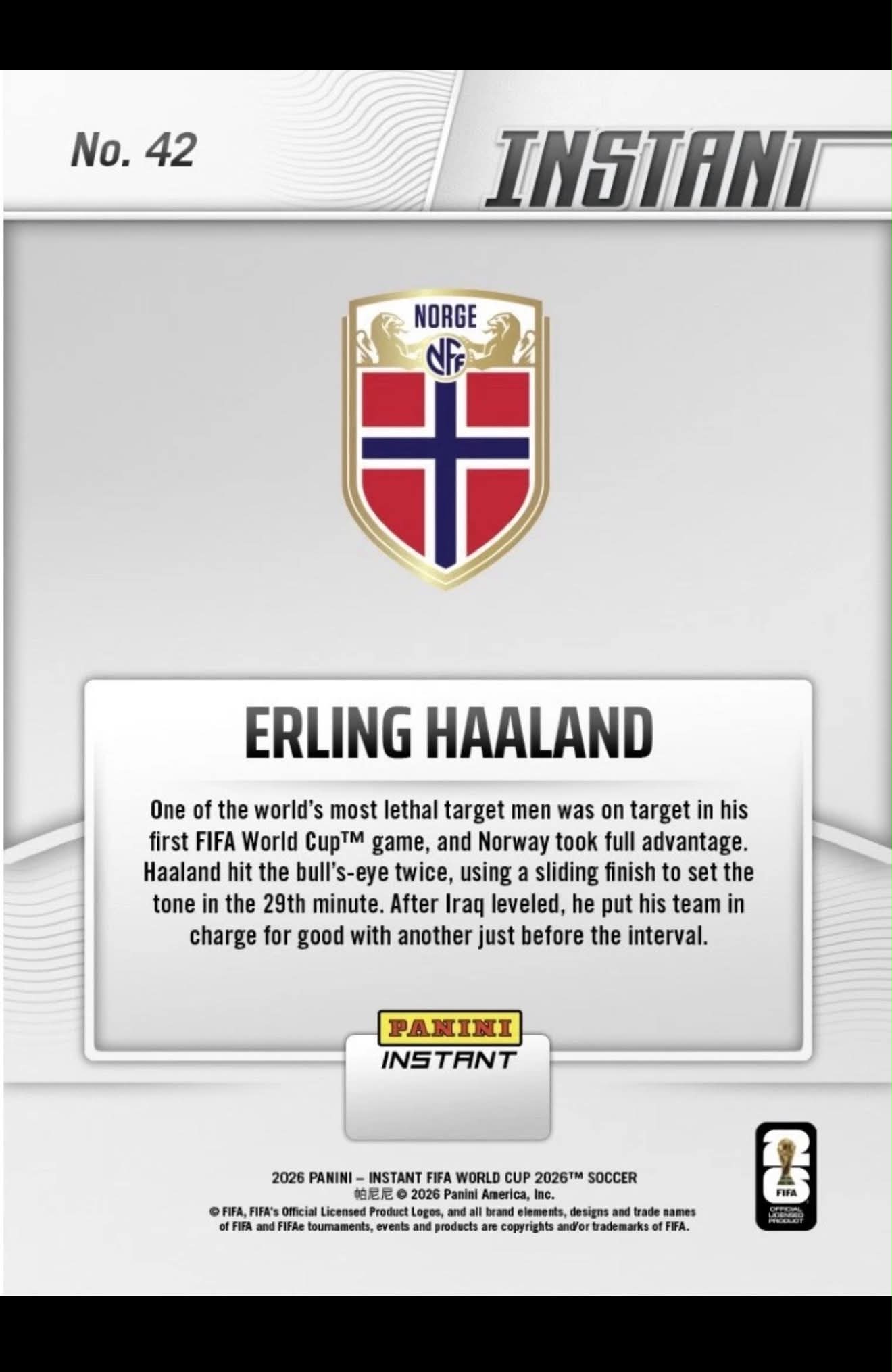 #042 Erling Haaland 2026 Panini Instant World Cup # /3459 (NM+)