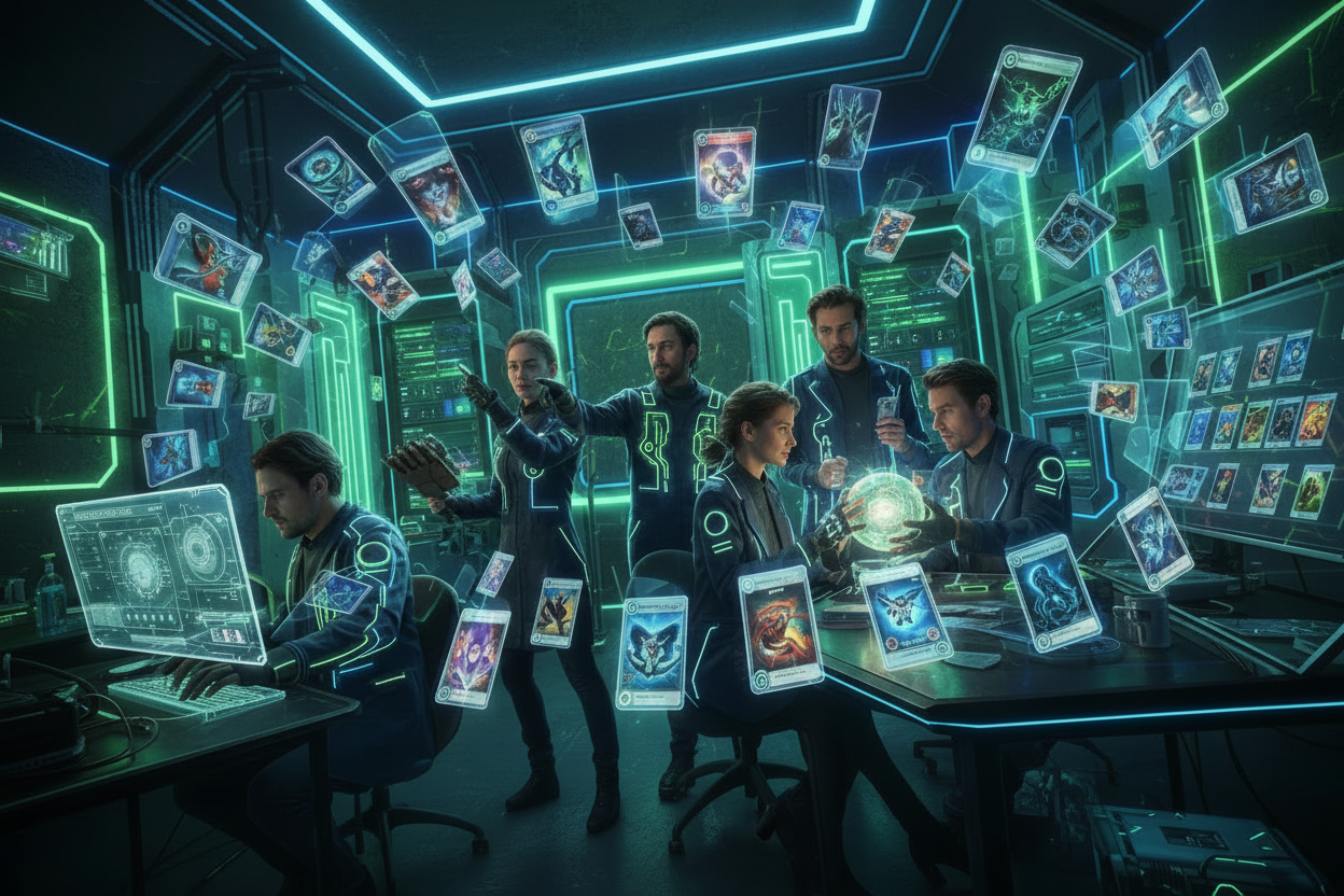 Futuristic Lab with Trading Cards – No Text